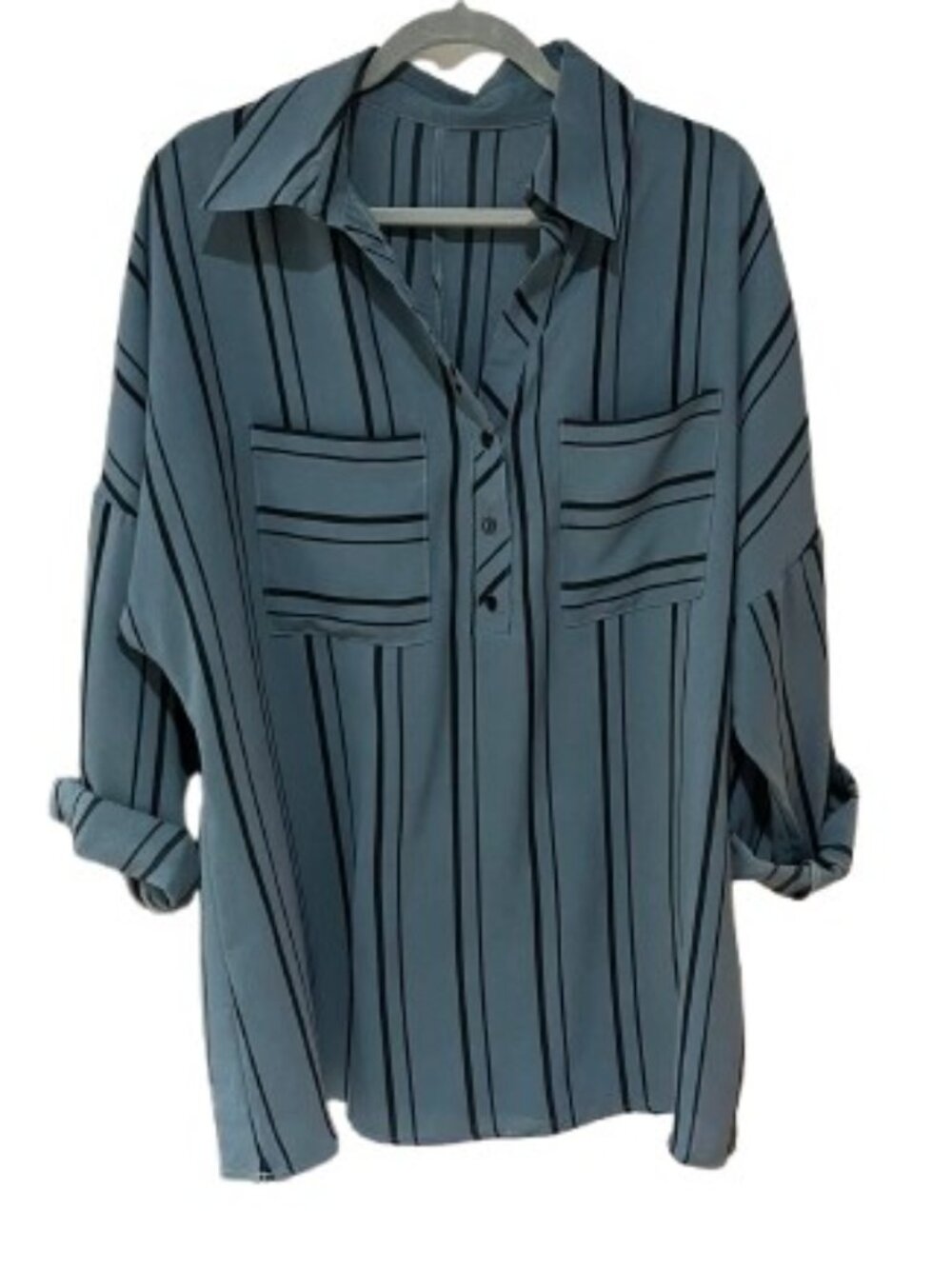 Astylish Graphic Stripe Smokey Slate Blue & Black Tunic Top Shirt Blouse - EUC